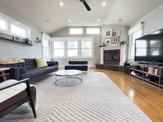 Fireplace, Interior, Living room, Recessed Lighting, Wood Texture Flooring