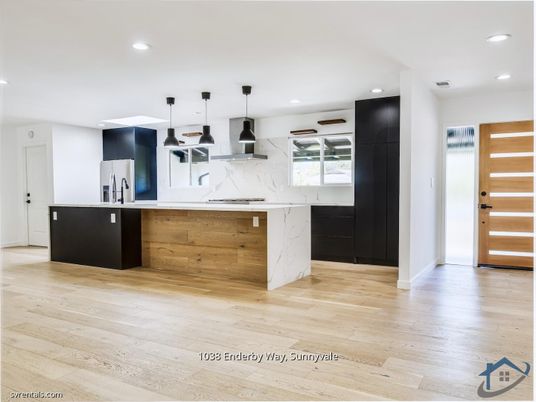 Interior, Kitchen, Marble Walls, Pendant Lights, Recessed Lighting, Wood Texture Flooring