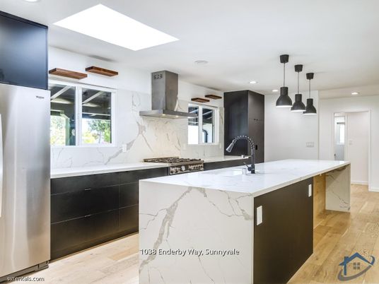 Interior, Kitchen, Marble Walls, Pendant Lights, Recessed Lighting, Stainless Steel Appliances, Wood Texture Flooring