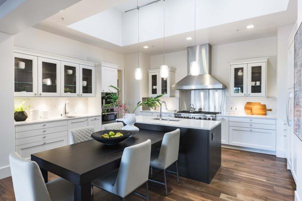 Dining room, Interior, Kitchen, Pendant Lights, Recessed Lighting, Stainless Steel Appliances, Wood Texture Flooring