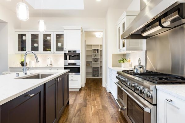 Interior, Kitchen, Pendant Lights, Recessed Lighting, Stainless Steel Appliances, Wood Texture Flooring