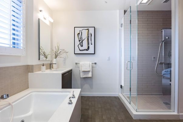 Bathroom, Dual Sink Vanities, Glass Shower, Interior, Wood Texture Flooring