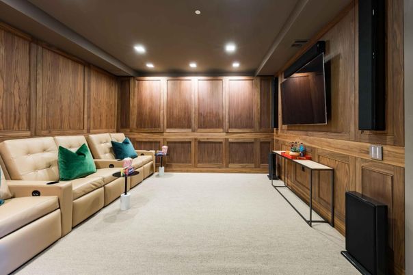 Home Theatre Room, Interior, Living room, Recessed Lighting, Theatre Room, Wooden Walls