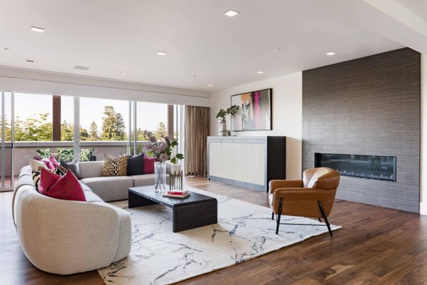 Fireplace, Interior, Living room, Recessed Lighting, Wood Texture Flooring