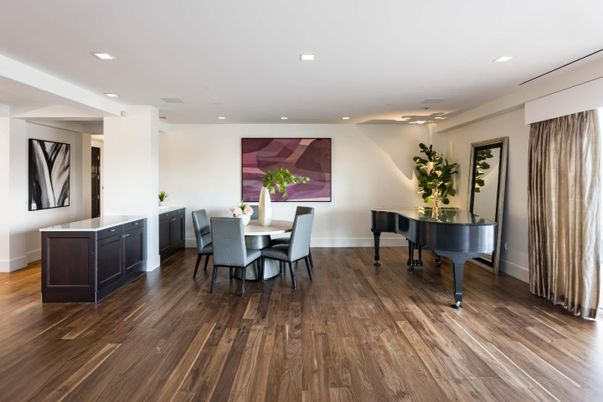 Dining room, Interior, Piano, Recessed Lighting, Wood Texture Flooring