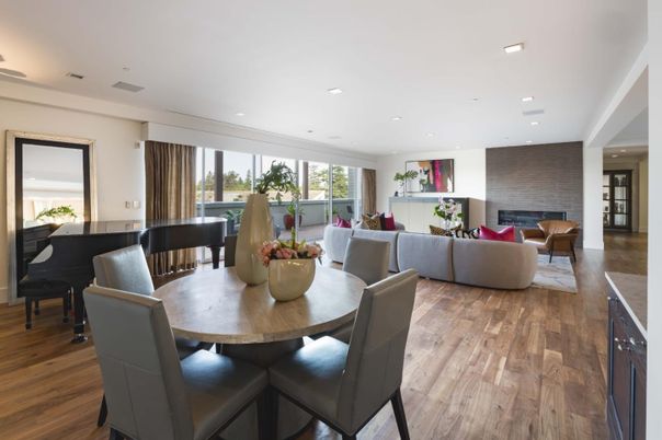 Dining room, Fireplace, Interior, Living room, Piano, Recessed Lighting, Stone Walls, Wood Texture Flooring