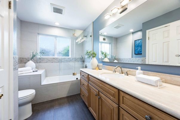 Bathroom, Glass Shower, Interior, Recessed Lighting, Wood Texture Flooring