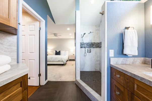 Bathroom, Bedroom, Interior, Marble Walls, Recessed Lighting, Wood Texture Flooring