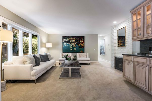 Fireplace, Interior, Living room, Recessed Lighting, Stone Walls