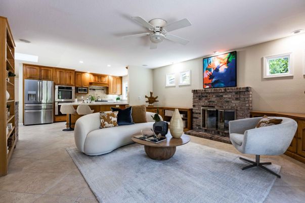 Fireplace, Interior, Kitchen, Living room, Recessed Lighting, Stainless Steel Appliances