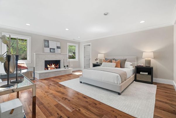 Bedroom, Fireplace, Interior, Recessed Lighting, Wood Texture Flooring