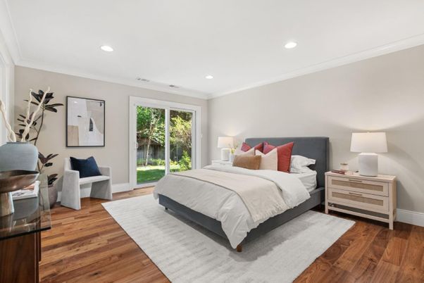 Bedroom, Interior, Recessed Lighting, Wood Texture Flooring
