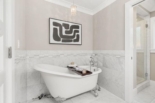 Bathroom, Free Standing Baths, Interior, Marble, Marble Walls, Pendant Lights