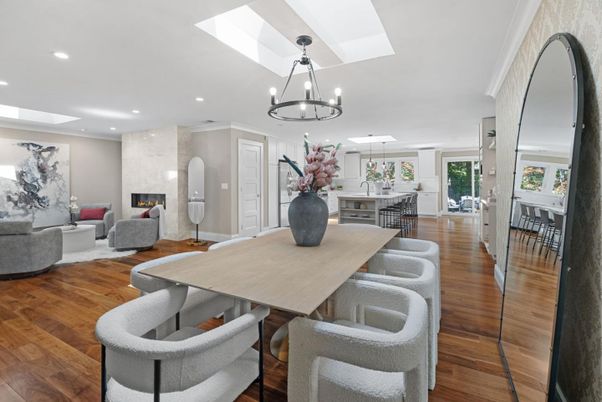 Chandelier, Dining room, Fireplace, Interior, Living room, Recessed Lighting, Wood Texture Flooring