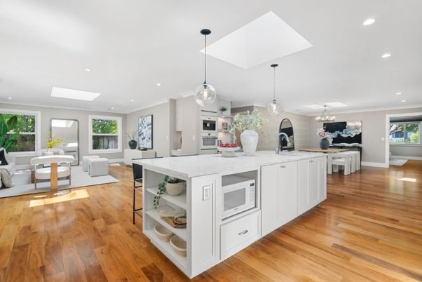 Interior, Kitchen, Living room, Pendant Lights, Recessed Lighting, Wood Texture Flooring