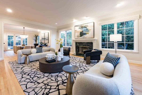 Dining room, Fireplace, Interior, Living room, Pendant Lights, Recessed Lighting, Wood Texture Flooring