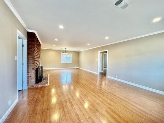 Empty room, Interior, Pendant Lights, Recessed Lighting, Wood Texture Flooring