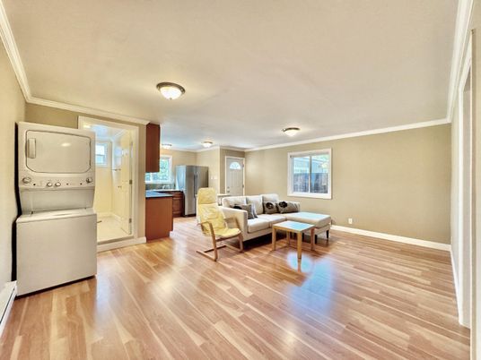 Interior, Kitchen, Living room, Utility Closets, Washer, Wood Texture Flooring