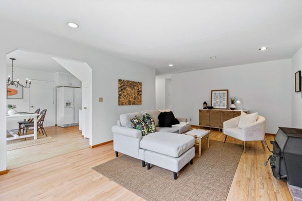 Dining room, Interior, Living room, Pendant Lights, Recessed Lighting, Wood Texture Flooring