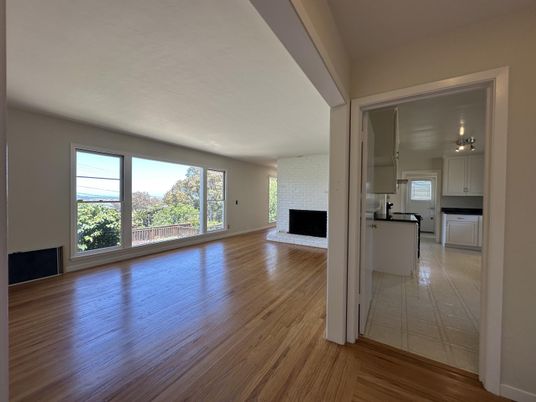 Empty room, Fireplace, Interior, Kitchen, Wood Texture Flooring