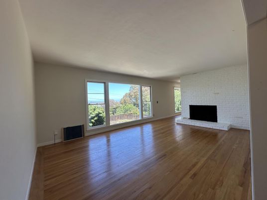 Empty room, Fireplace, Interior, Stone Walls, Wood Texture Flooring