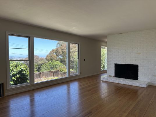 Empty room, Fireplace, Interior, Stone Walls, Wood Texture Flooring