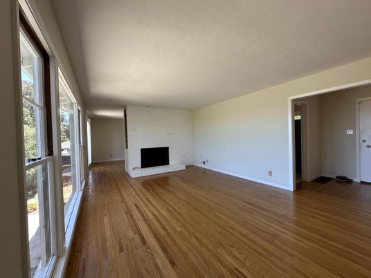 Empty room, Fireplace, Interior, Stone Walls, Wood Texture Flooring