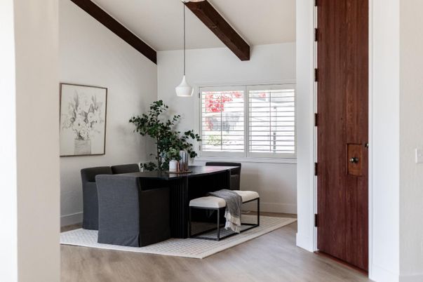 Dining room, Interior, Pendant Lights, Wooden Beams, Wood Texture Flooring
