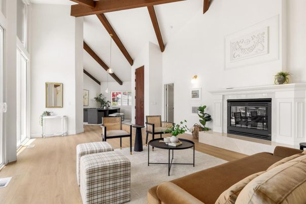 Fireplace, Interior, Living room, Pendant Lights, Wooden Beams, Wood Texture Flooring