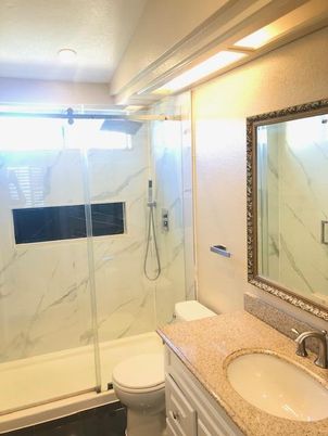 Bathroom, Glass Shower, Interior, Marble Walls, Recessed Lighting