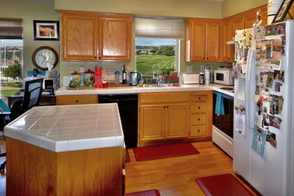 Interior, Kitchen, Tile Countertops, Wood Texture Flooring
