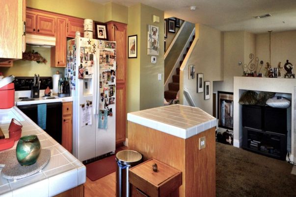 Fireplace, Interior, Kitchen, Tile Countertops