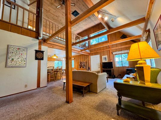 Dining room, Interior, Living room, Pendant Lights, Wooden Beams, Wooden Ceilings, Wooden Walls