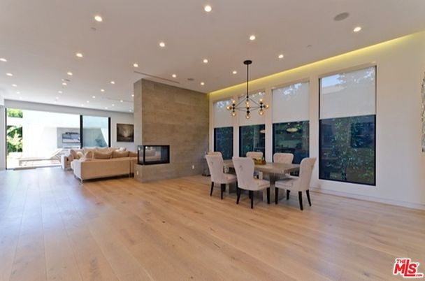Dining room, Fireplace, Interior, Living room, Pendant Lights, Recessed Lighting, Wood Texture Flooring