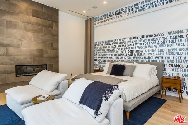 Bedroom, Fireplace, Interior, Recessed Lighting, Stone Walls, Wood Texture Flooring
