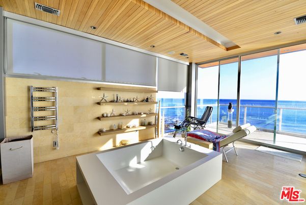 Bathroom, Interior, Recessed Lighting, Water, Wooden Ceilings, Wood Texture Flooring