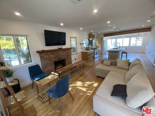 Fireplace, Interior, Kitchen, Living room, Recessed Lighting, Wood Texture Flooring