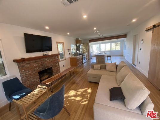 Fireplace, Interior, Kitchen, Living room, Recessed Lighting, Wood Texture Flooring