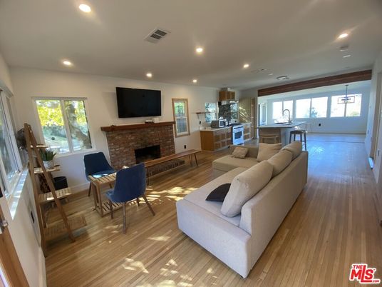 Fireplace, Interior, Kitchen, Living room, Pendant Lights, Recessed Lighting, Wood Texture Flooring