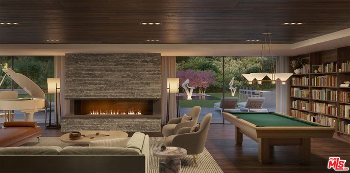 Billiard Table, Fireplace, Game Room, Interior, Living room, Pendant Lights, Piano, Recessed Lighting, Stone Walls, Wooden Ceilings, Wood Texture Flooring