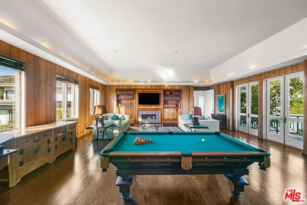 Billiard Table, Fireplace, Game Room, Interior, Recessed Lighting, Wood Texture Flooring, Wooden Walls