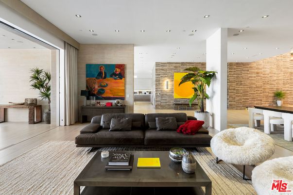 Dining room, Interior, Living room, Recessed Lighting, Stone Walls, Wood Texture Flooring