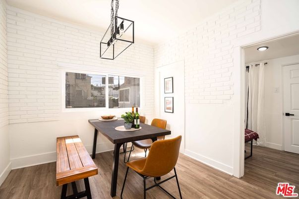 Dining room, Interior, Pendant Lights, Stone Walls, Wood Texture Flooring