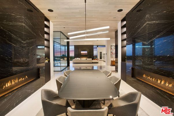 Dining room, Fireplace, Interior, Marble Walls, Pendant Lights, Recessed Lighting