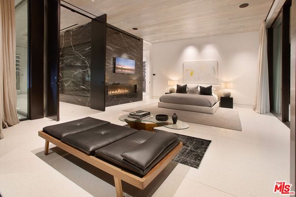 Fireplace, Interior, Living room, Marble Walls, Recessed Lighting, Wooden Ceilings