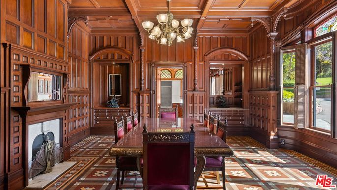 Chandelier, Fireplace, Home Office, Interior, Wooden Beams, Wooden Ceilings, Wood Texture Flooring, Wooden Walls