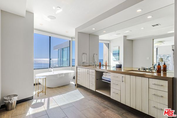 Bathroom, Dual Sink Vanities, Free Standing Baths, Interior, Recessed Lighting, Wood Texture Flooring