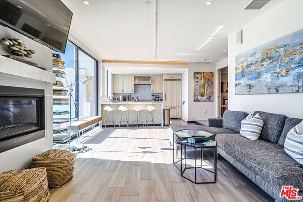 Fireplace, Interior, Kitchen, Living room, Recessed Lighting, Stainless Steel Appliances, Wood Texture Flooring