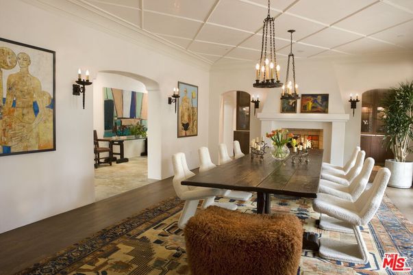 Dining room, Fireplace, Interior, Pendant Lights, Wood Texture Flooring
