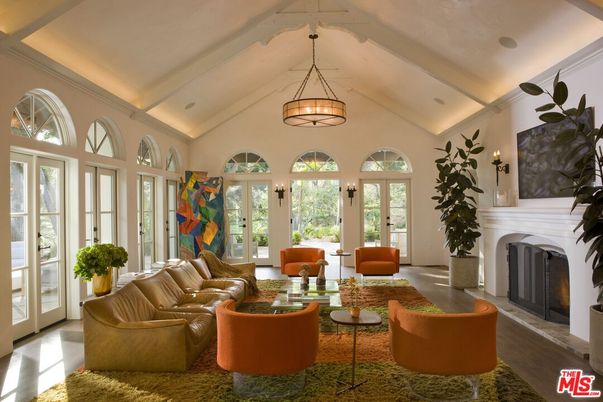 Fireplace, Interior, Living room, Pendant Lights, Wood Texture Flooring